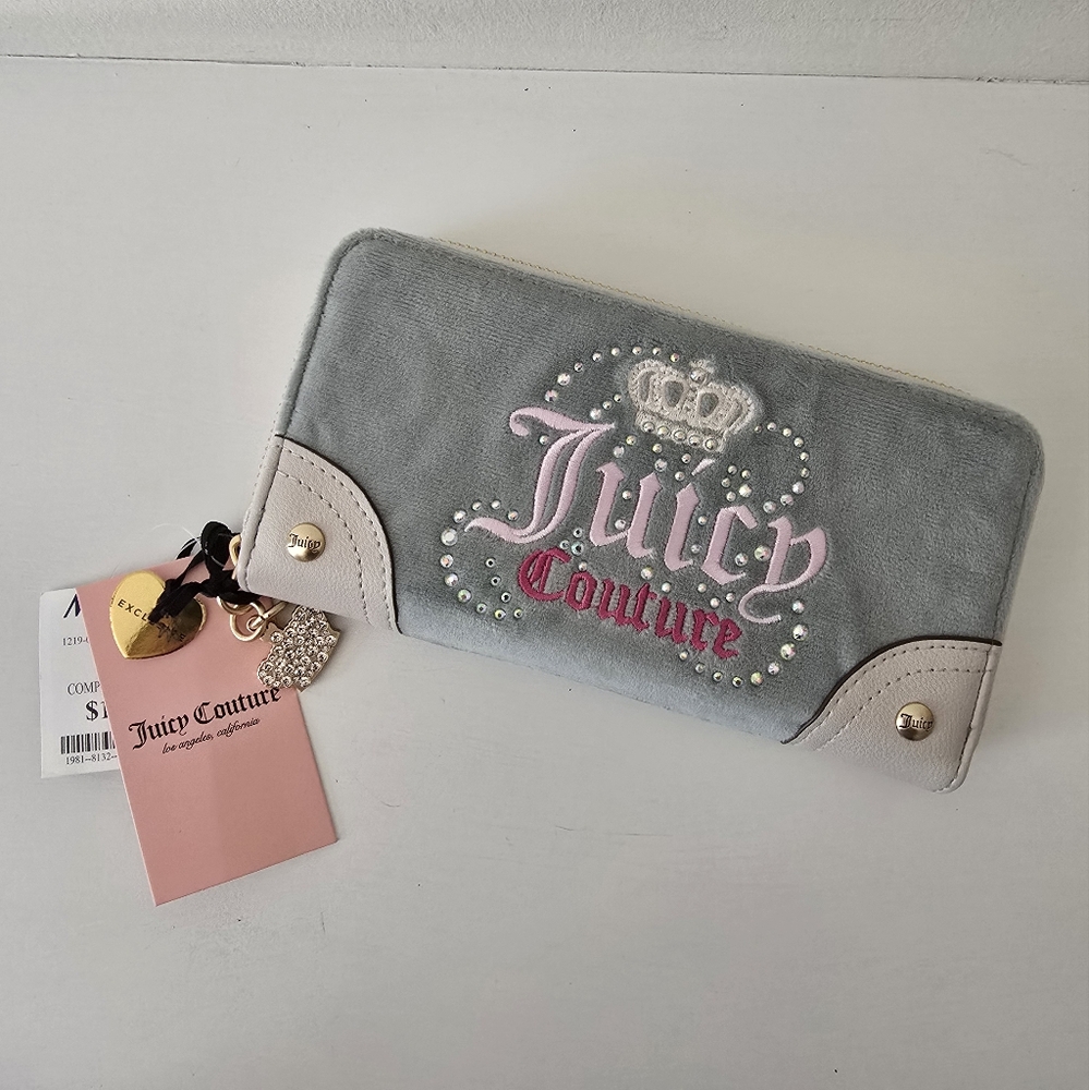 Juicy Couture Long Zip Wallet – Powder Blue Velvet with Rhinestones – NWT